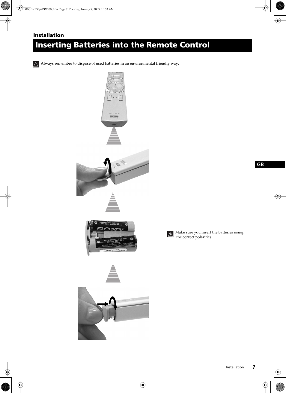 Inserting batteries into the remote control | Sony Grand Wega KF-50SX200U User Manual | Page 7 / 39