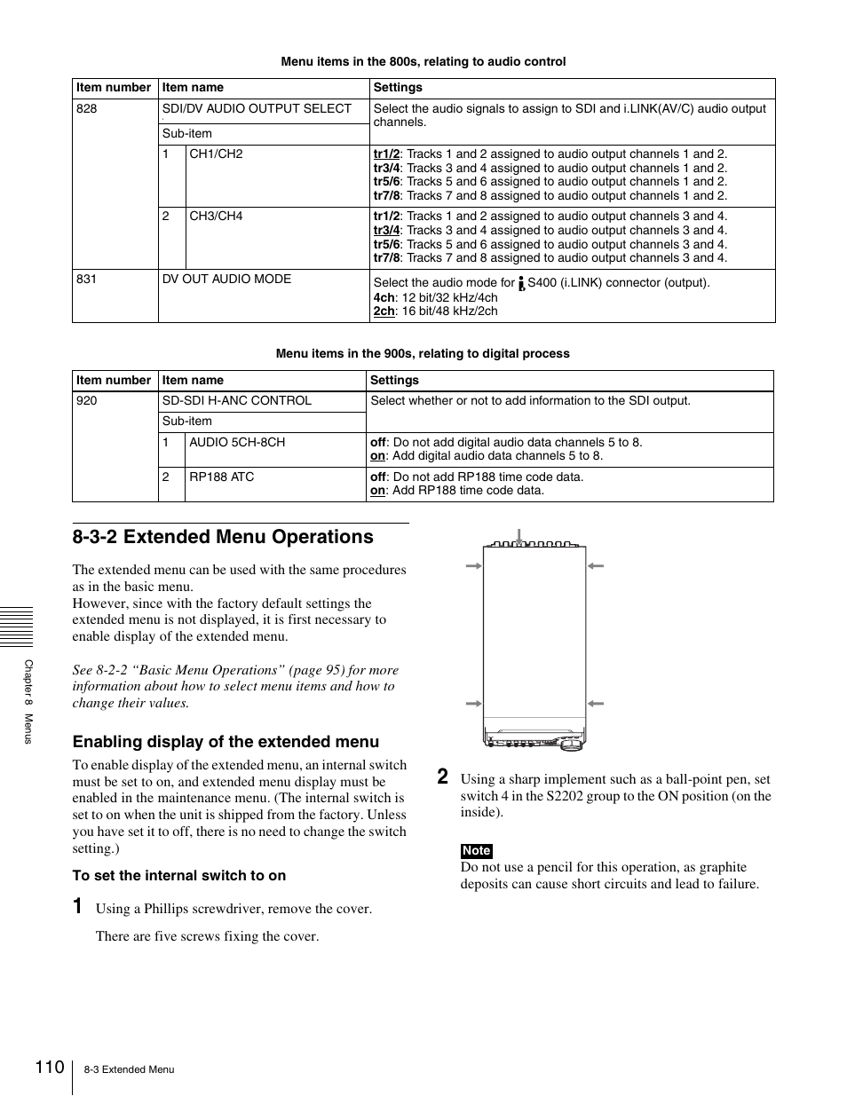 3-2 extended menu operations, Enabling display of the extended menu | Sony XDCAM PDW-1500 User Manual | Page 110 / 142