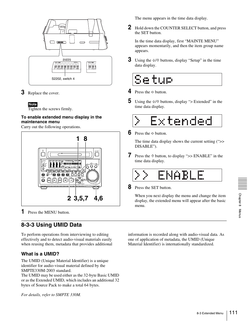 3-3 using umid data, What is a umid, Replace the cover | Press the g button | Sony XDCAM PDW-1500 User Manual | Page 111 / 142