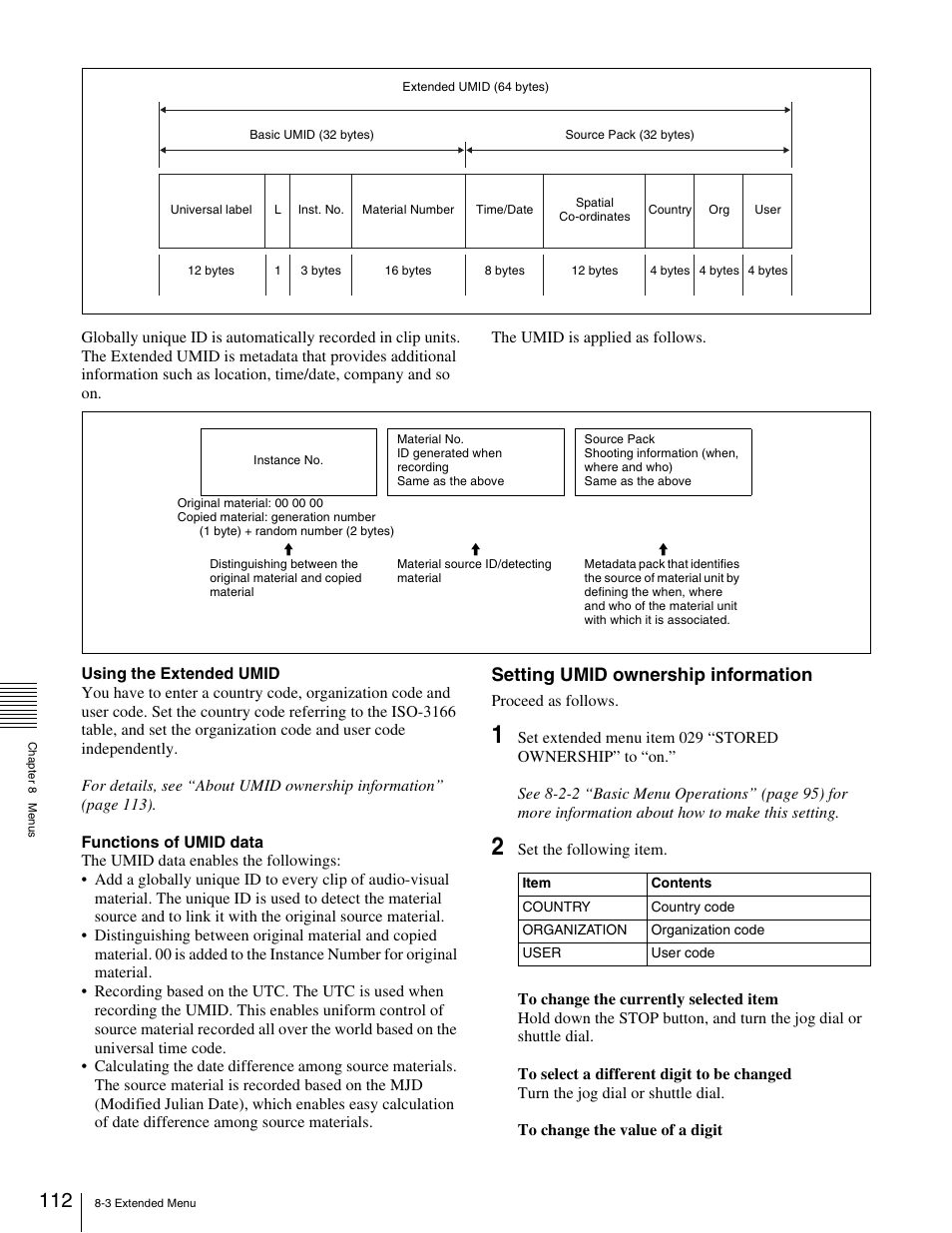 Setting umid ownership information | Sony XDCAM PDW-1500 User Manual | Page 112 / 142