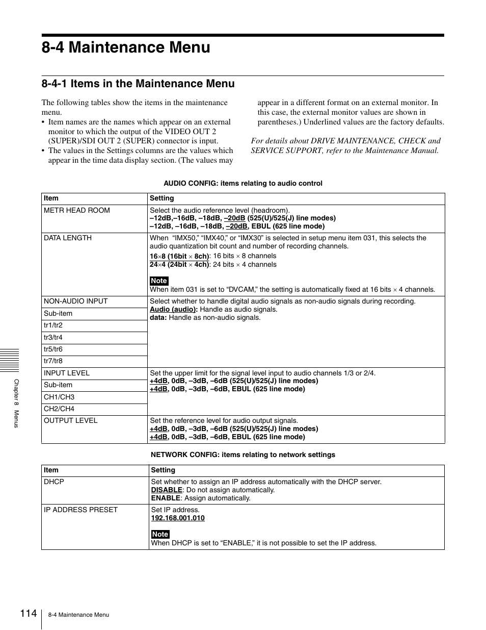 4 maintenance menu, 4-1 items in the maintenance menu | Sony XDCAM PDW-1500 User Manual | Page 114 / 142