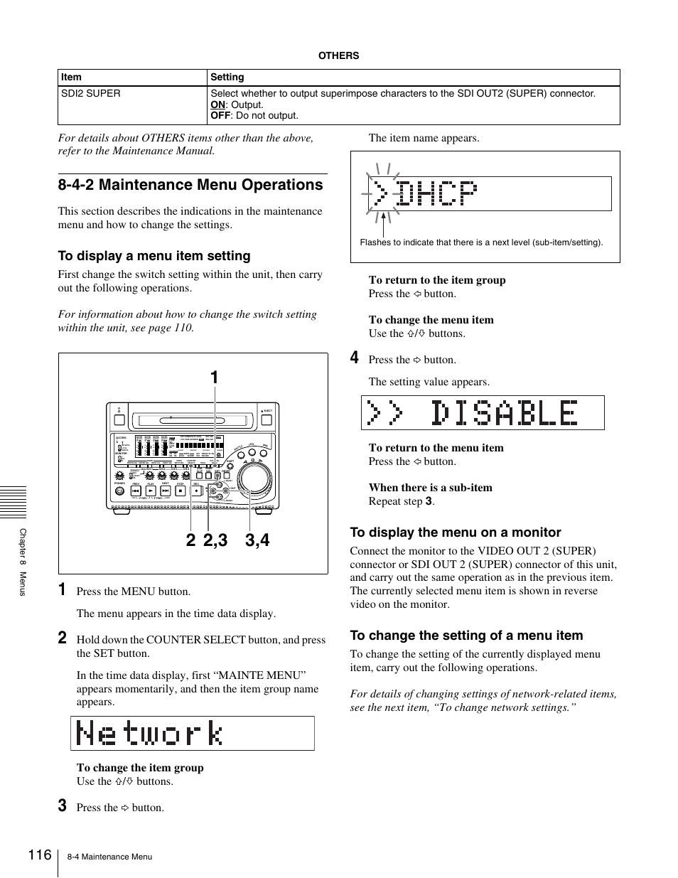 4-2 maintenance menu operations | Sony XDCAM PDW-1500 User Manual | Page 116 / 142