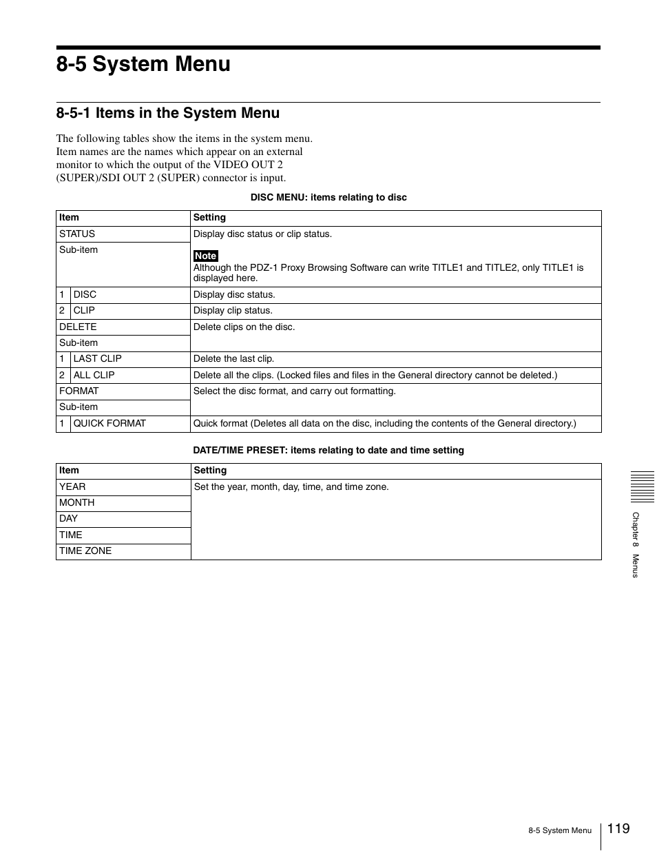 5 system menu, 5-1 items in the system menu | Sony XDCAM PDW-1500 User Manual | Page 119 / 142