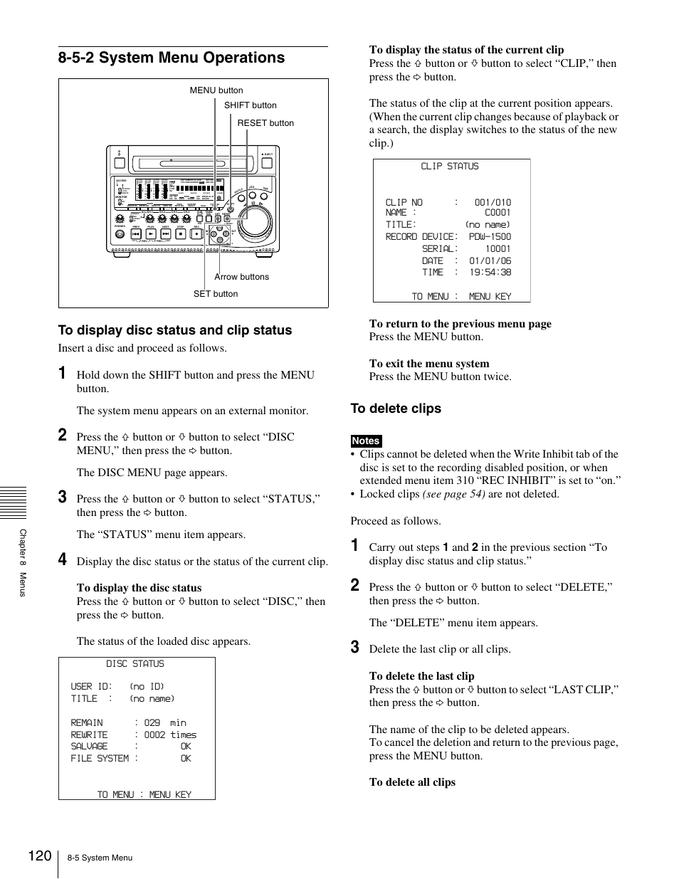 5-2 system menu operations, Insert a disc and proceed as follows | Sony XDCAM PDW-1500 User Manual | Page 120 / 142