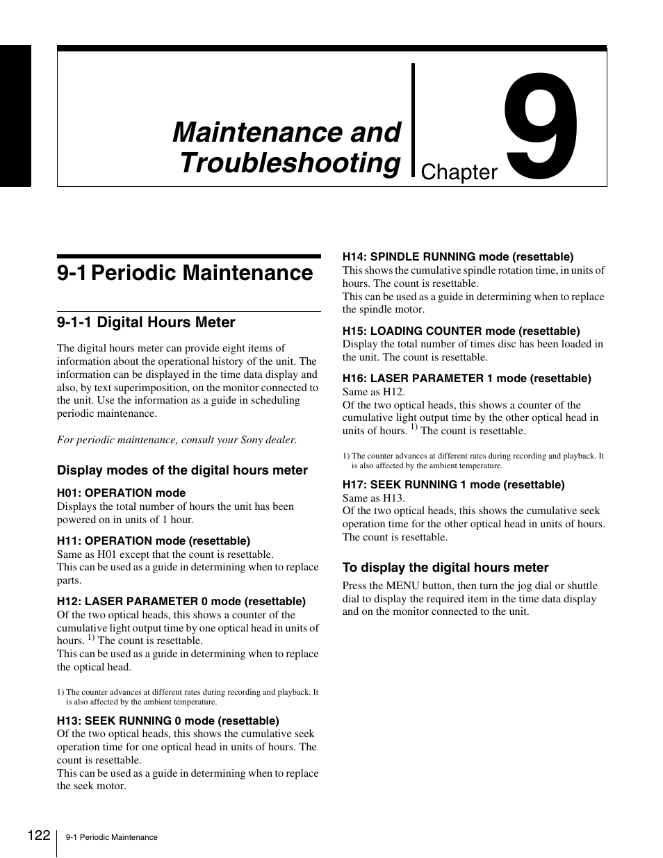 Chapter 9 maintenance and troubleshooting, 1 periodic maintenance, 1-1 digital hours meter | Maintenance and troubleshooting, Chapter | Sony XDCAM PDW-1500 User Manual | Page 122 / 142
