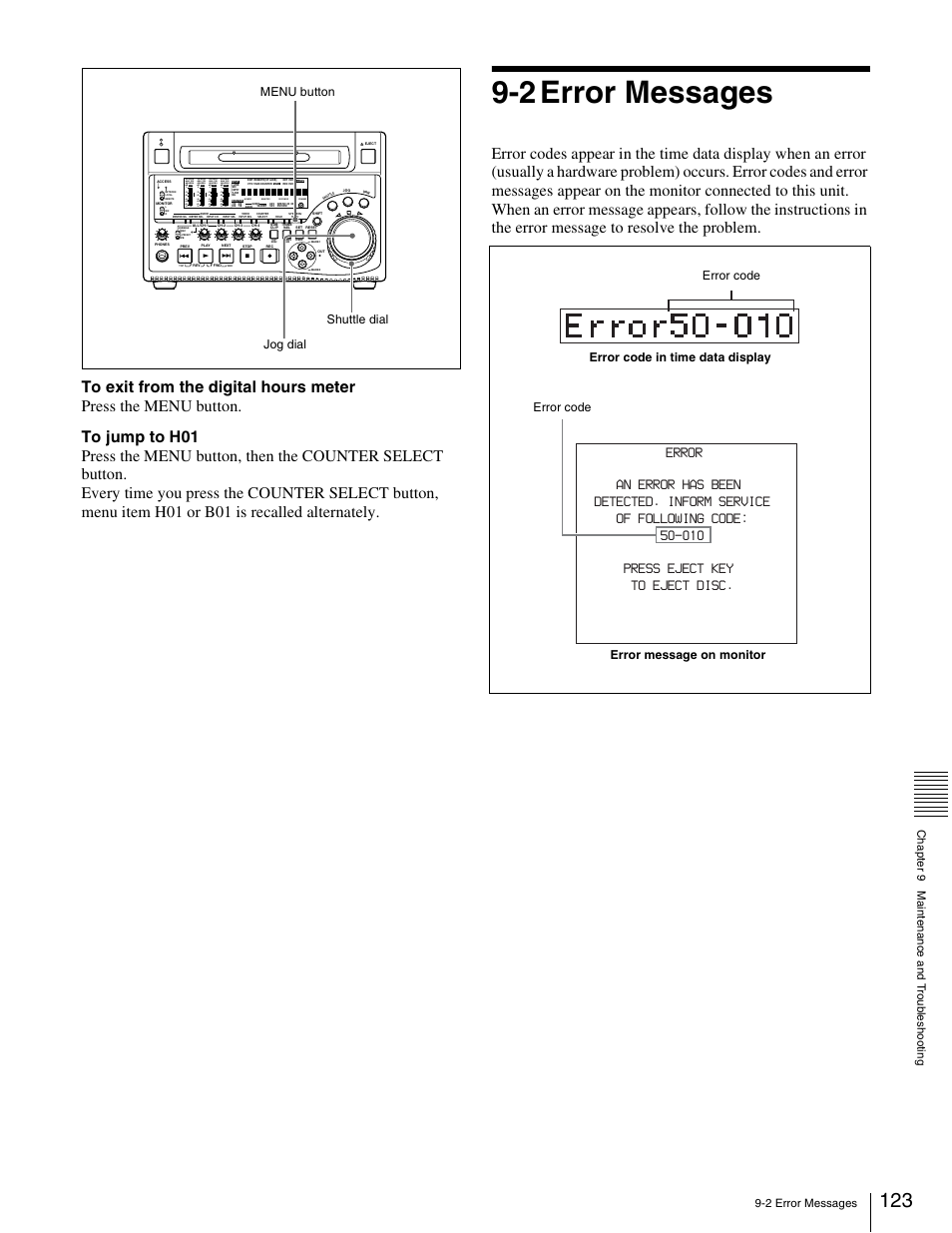 2 error messages, Menu button shuttle dial jog dial | Sony XDCAM PDW-1500 User Manual | Page 123 / 142