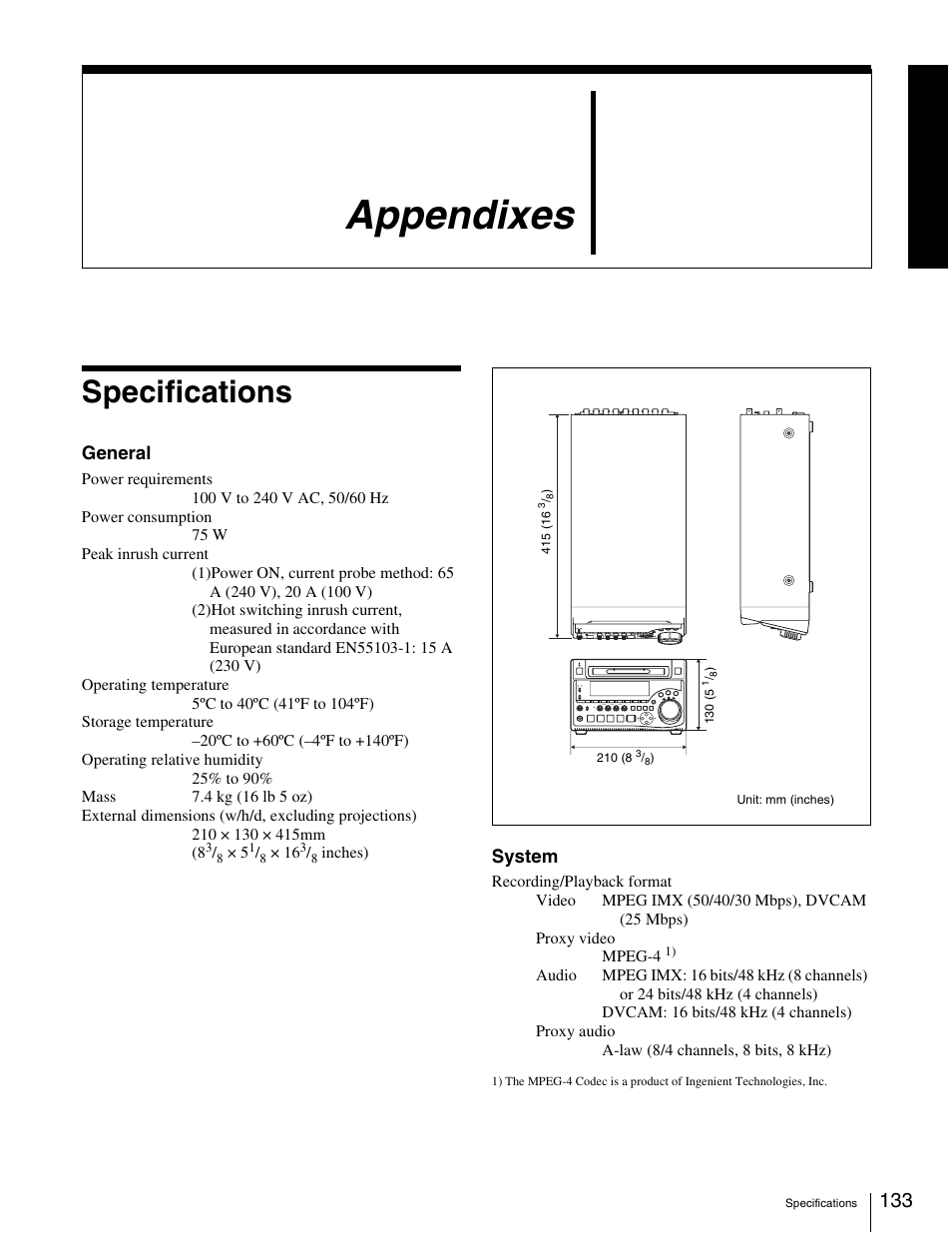 Appendixes, Specifications | Sony XDCAM PDW-1500 User Manual | Page 133 / 142