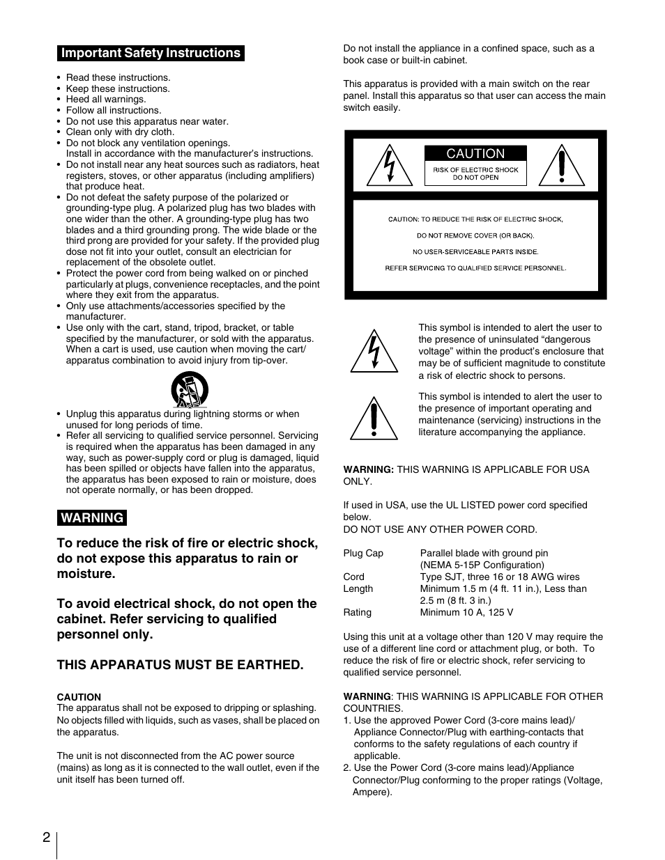 Important safety instructions warning | Sony XDCAM PDW-1500 User Manual | Page 2 / 142