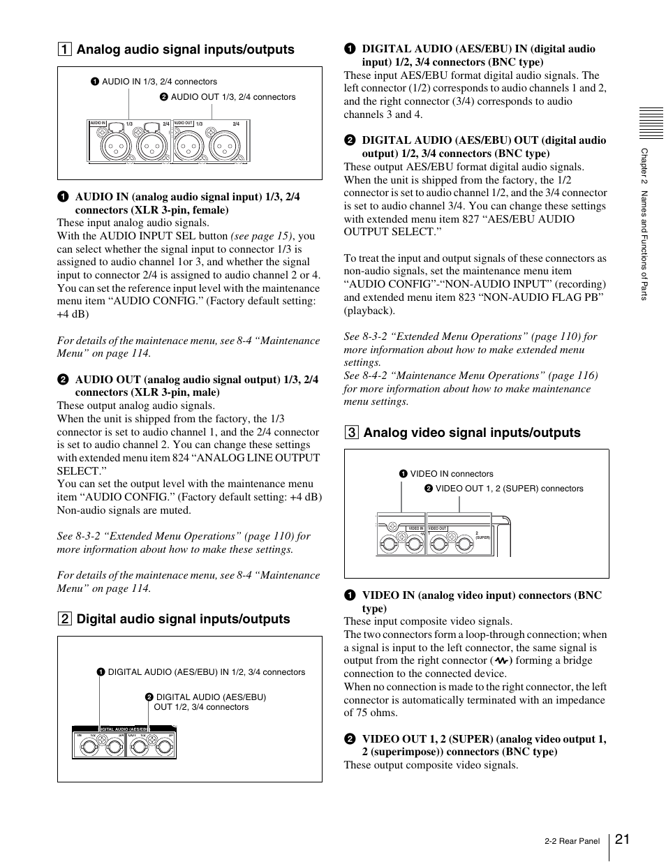 1 analog audio signal inputs/outputs, 2 digital audio signal inputs/outputs, 3 analog video signal inputs/outputs | Sony XDCAM PDW-1500 User Manual | Page 21 / 142