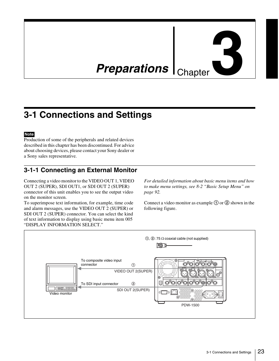 Chapter 3 preparations, 1 connections and settings, 1-1 connecting an external monitor | Preparations, Chapter | Sony XDCAM PDW-1500 User Manual | Page 23 / 142