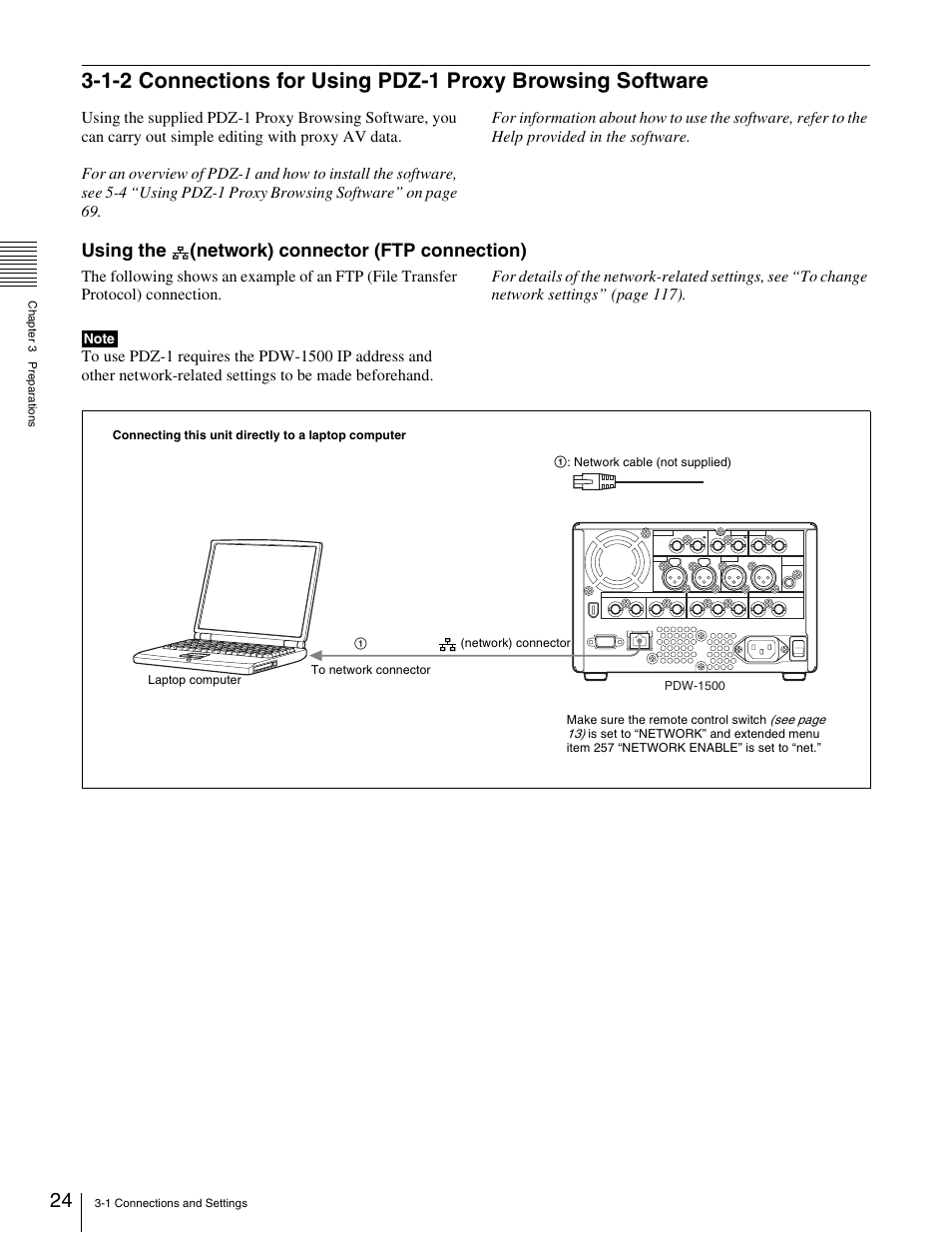 1-2 connections for using pdz-1 proxy, Browsing software, Using the (network) connector (ftp connection) | Sony XDCAM PDW-1500 User Manual | Page 24 / 142