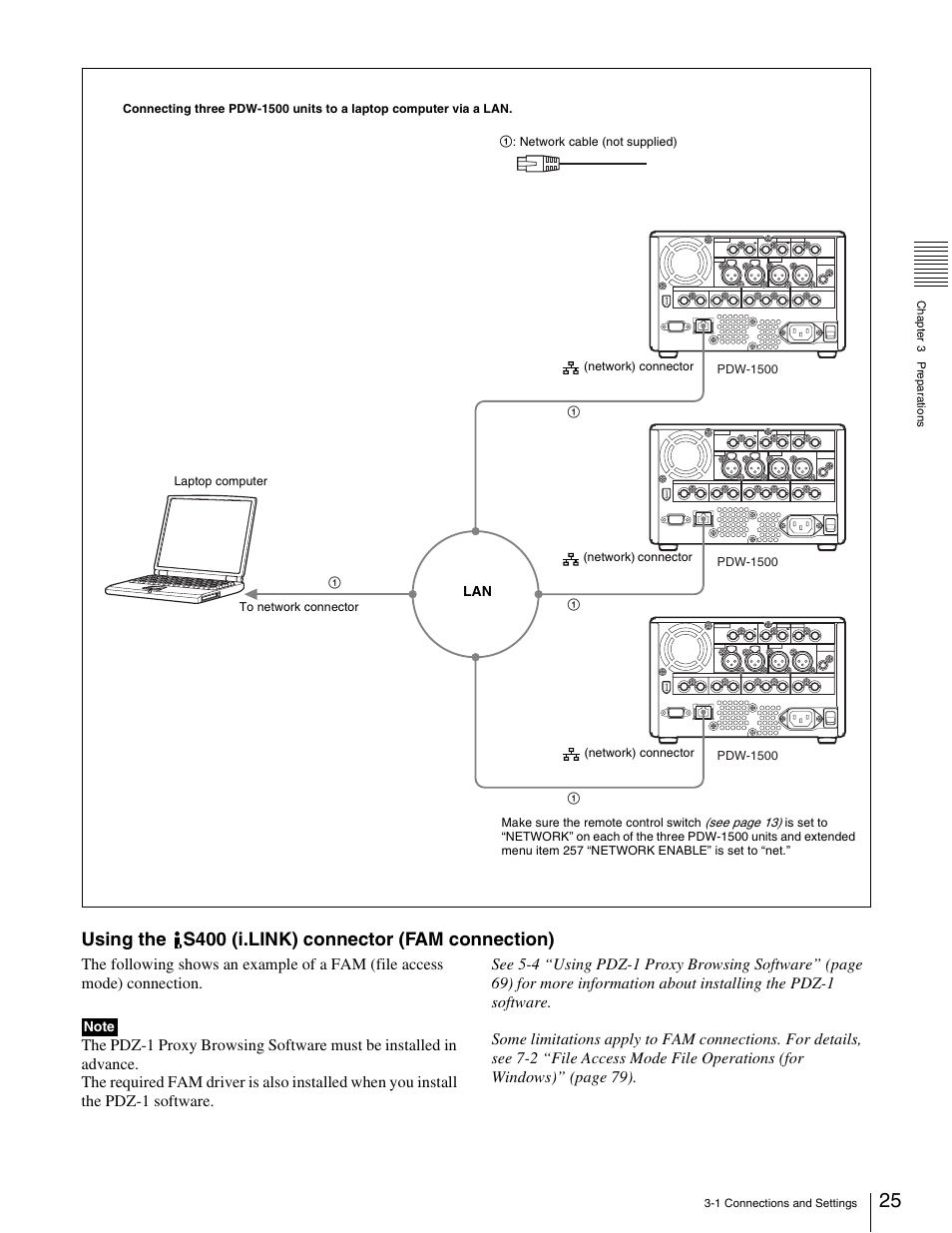 Using the s400 (i.link) connector (fam connection) | Sony XDCAM PDW-1500 User Manual | Page 25 / 142