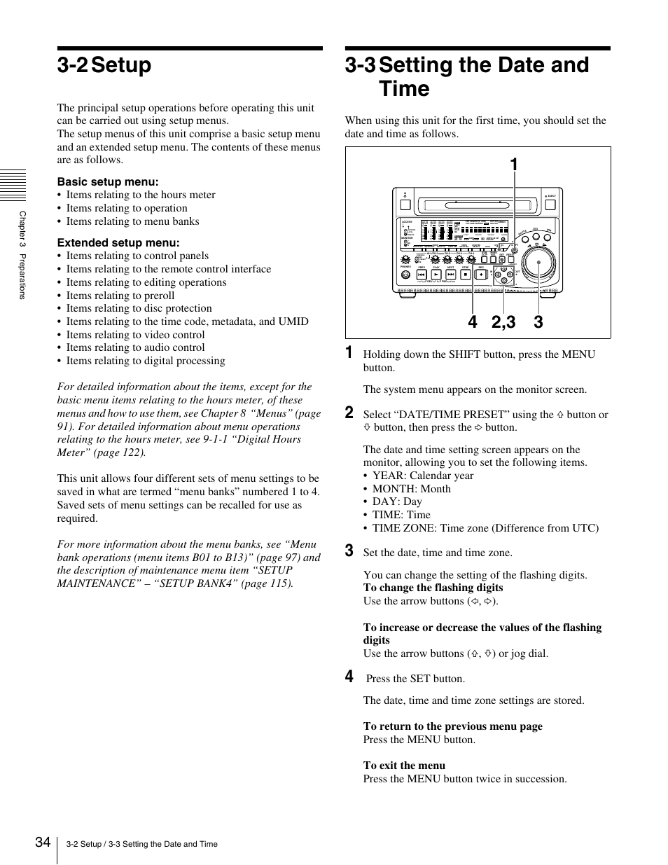 2 setup, 3 setting the date and time, 2 setup 3-3 setting the date and time | Sony XDCAM PDW-1500 User Manual | Page 34 / 142