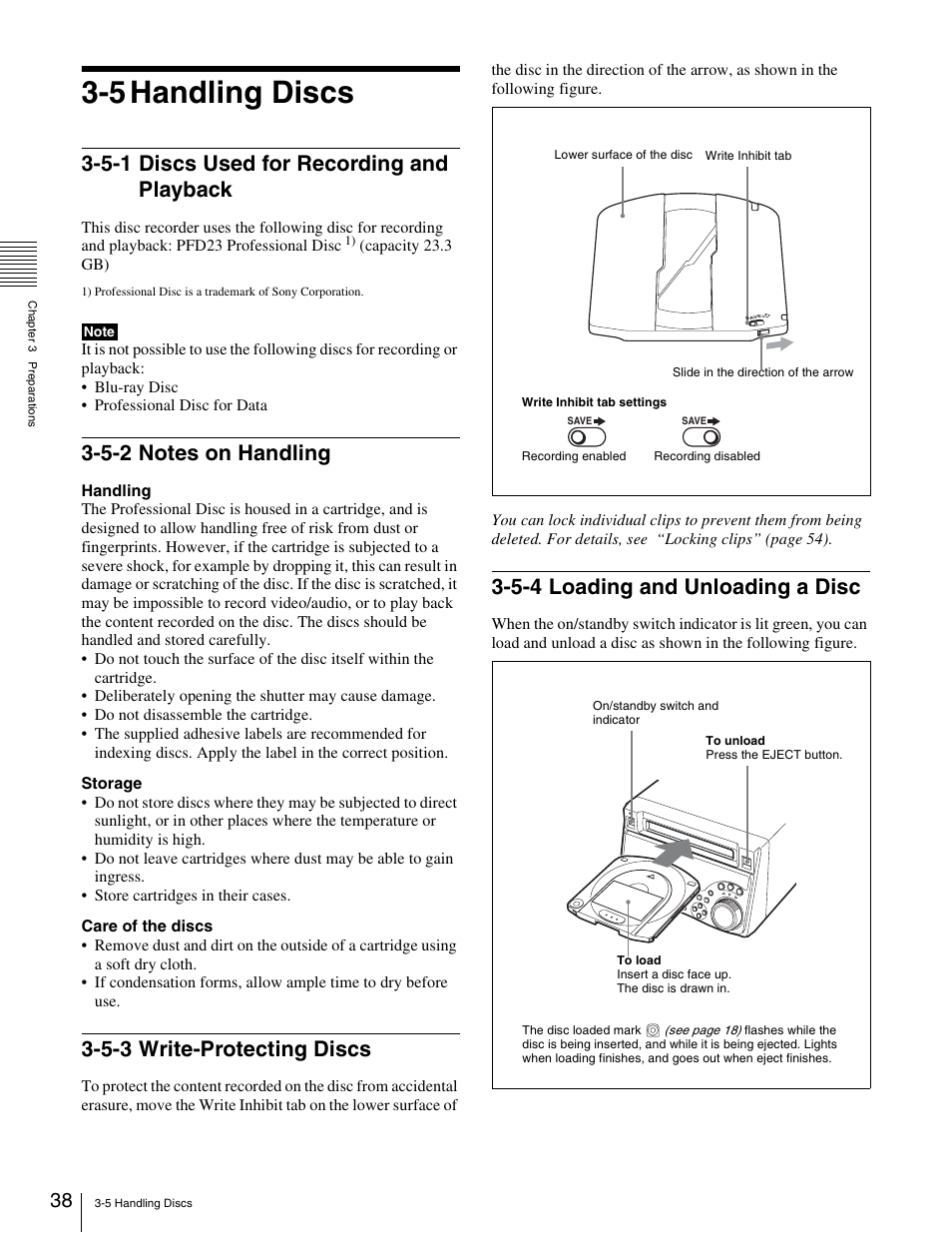 5 handling discs, 5-1 discs used for recording and playback, 5-2 notes on handling | 5-3 write-protecting discs, 5-4 loading and unloading a disc | Sony XDCAM PDW-1500 User Manual | Page 38 / 142