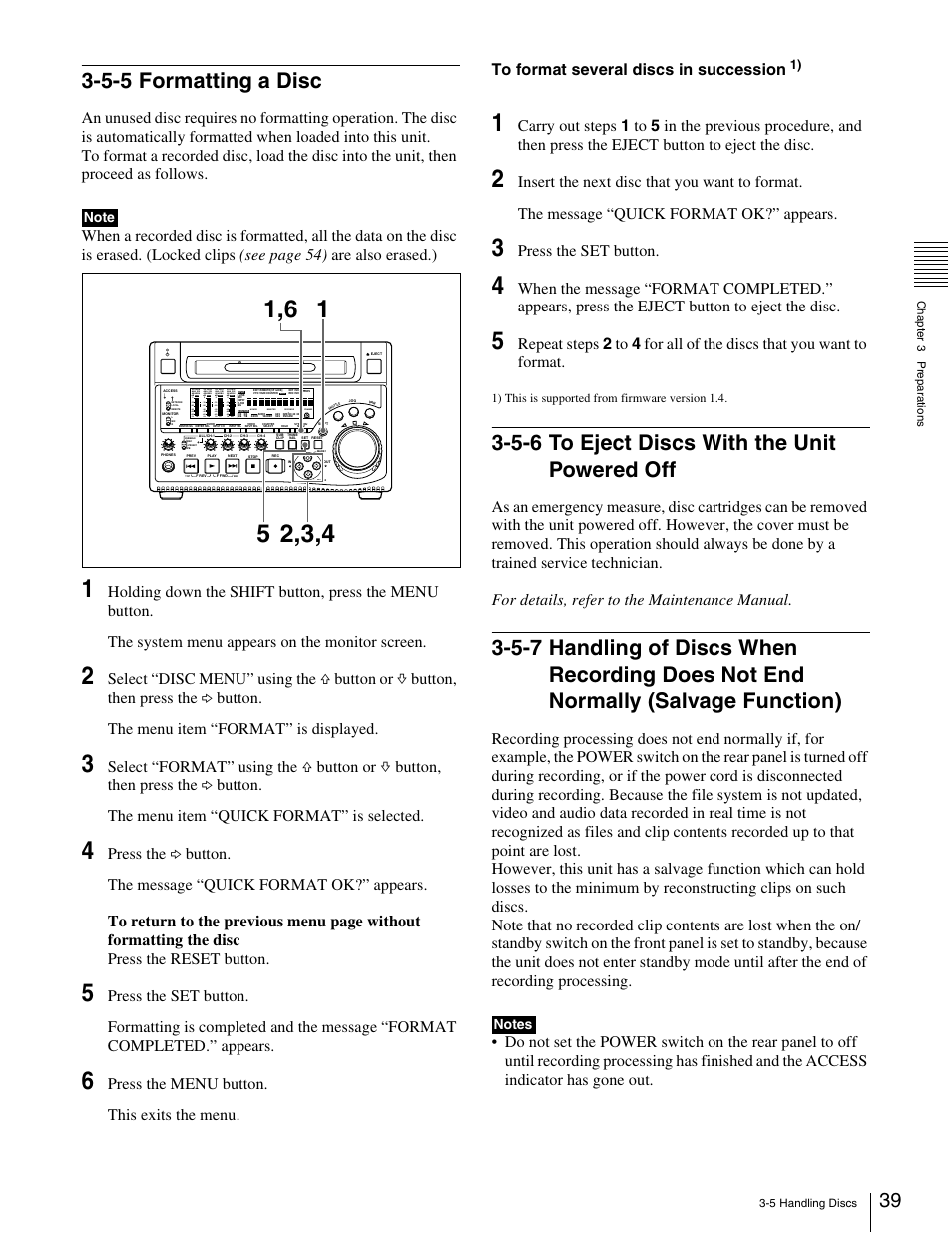 5-5 formatting a disc, 5-6 to eject discs with the unit powered off, 5-7 handling of discs when recording | Does not end normally (salvage function), Press the set button | Sony XDCAM PDW-1500 User Manual | Page 39 / 142