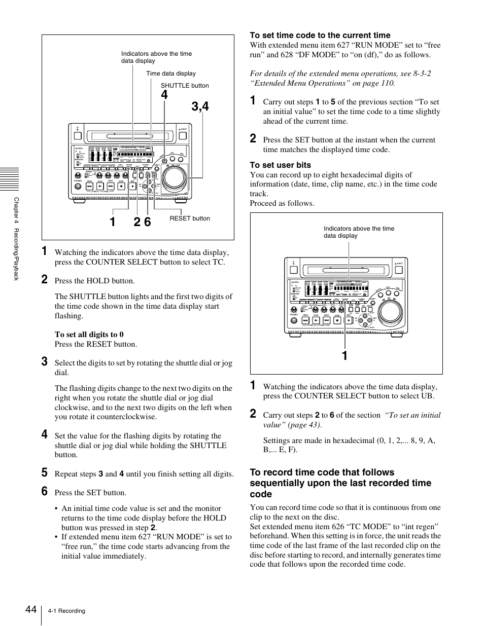 Indicators above the time data display | Sony XDCAM PDW-1500 User Manual | Page 44 / 142