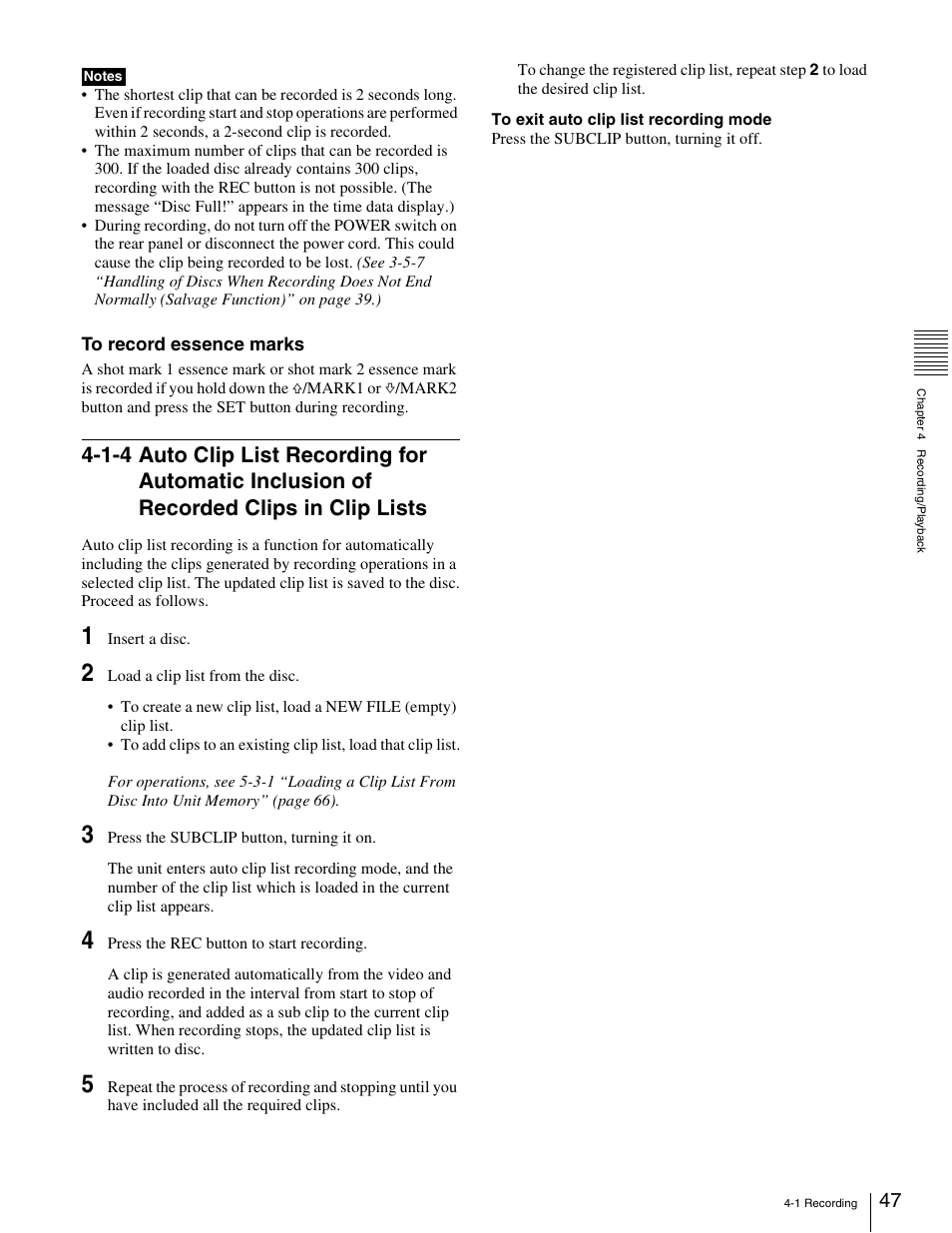 1-4 auto clip list recording for automatic, Inclusion of recorded clips in clip lists | Sony XDCAM PDW-1500 User Manual | Page 47 / 142