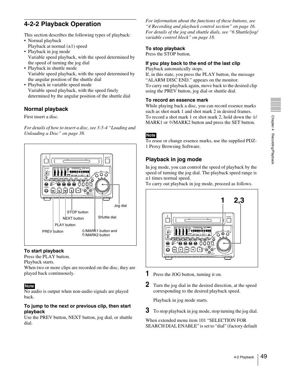 2-2 playback operation, Normal playback, Playback in jog mode | Press the jog button, turning it on, Mark1 button and | Sony XDCAM PDW-1500 User Manual | Page 49 / 142