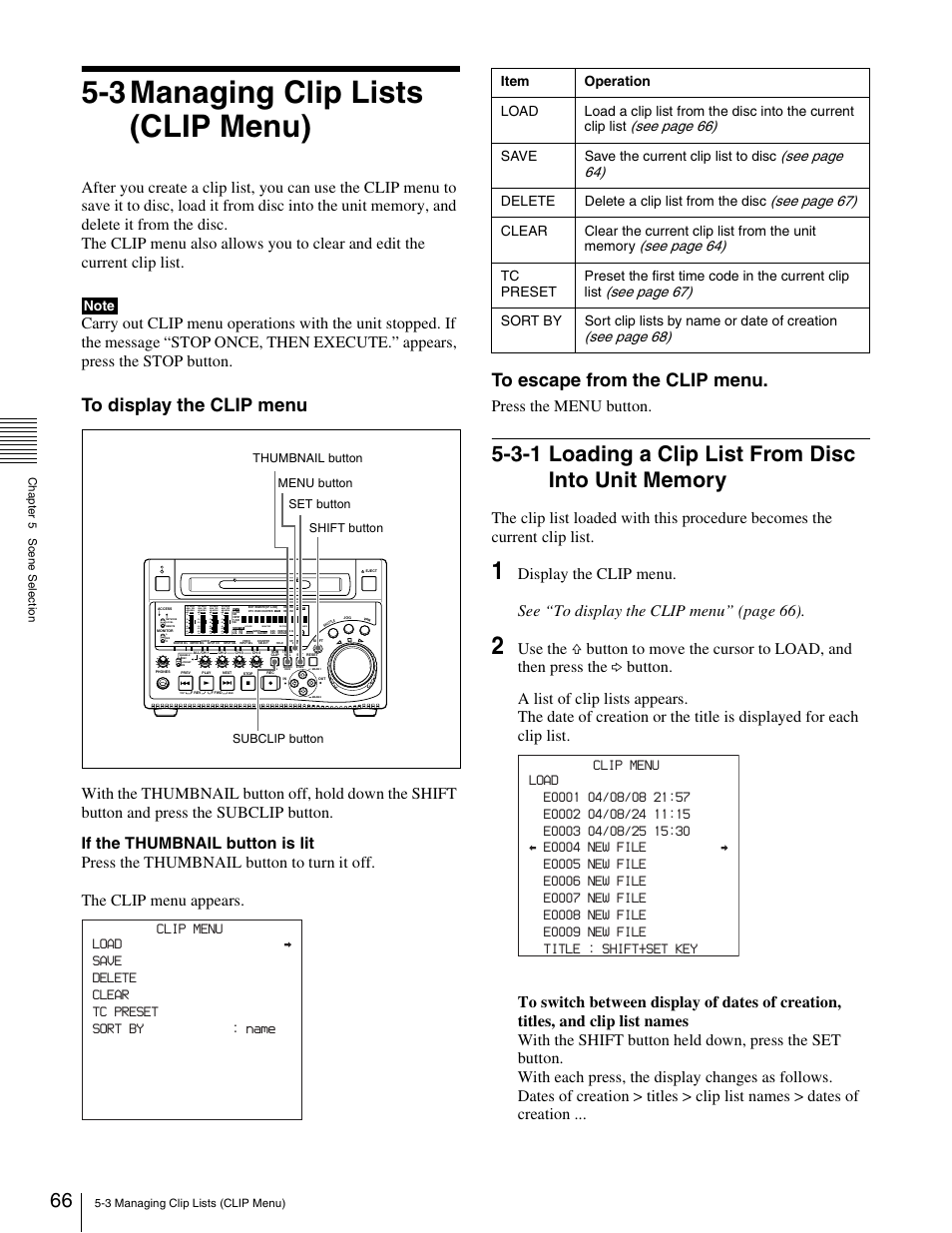 3 managing clip lists (clip menu), 3-1 loading a clip list from disc into unit memory, 3-1 loading a clip list from disc into unit | Memory, Press the menu button | Sony XDCAM PDW-1500 User Manual | Page 66 / 142