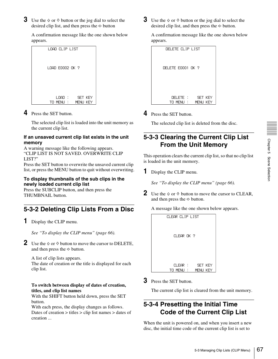3-2 deleting clip lists from a disc, Unit memory, 3-4 presetting the initial time code of the | Current clip list | Sony XDCAM PDW-1500 User Manual | Page 67 / 142