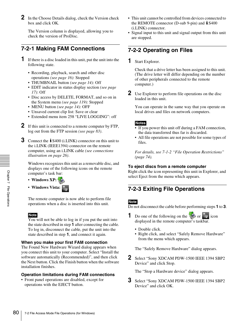2-1 making fam connections, 2-2 operating on files, 2-3 exiting file operations | Sony XDCAM PDW-1500 User Manual | Page 80 / 142