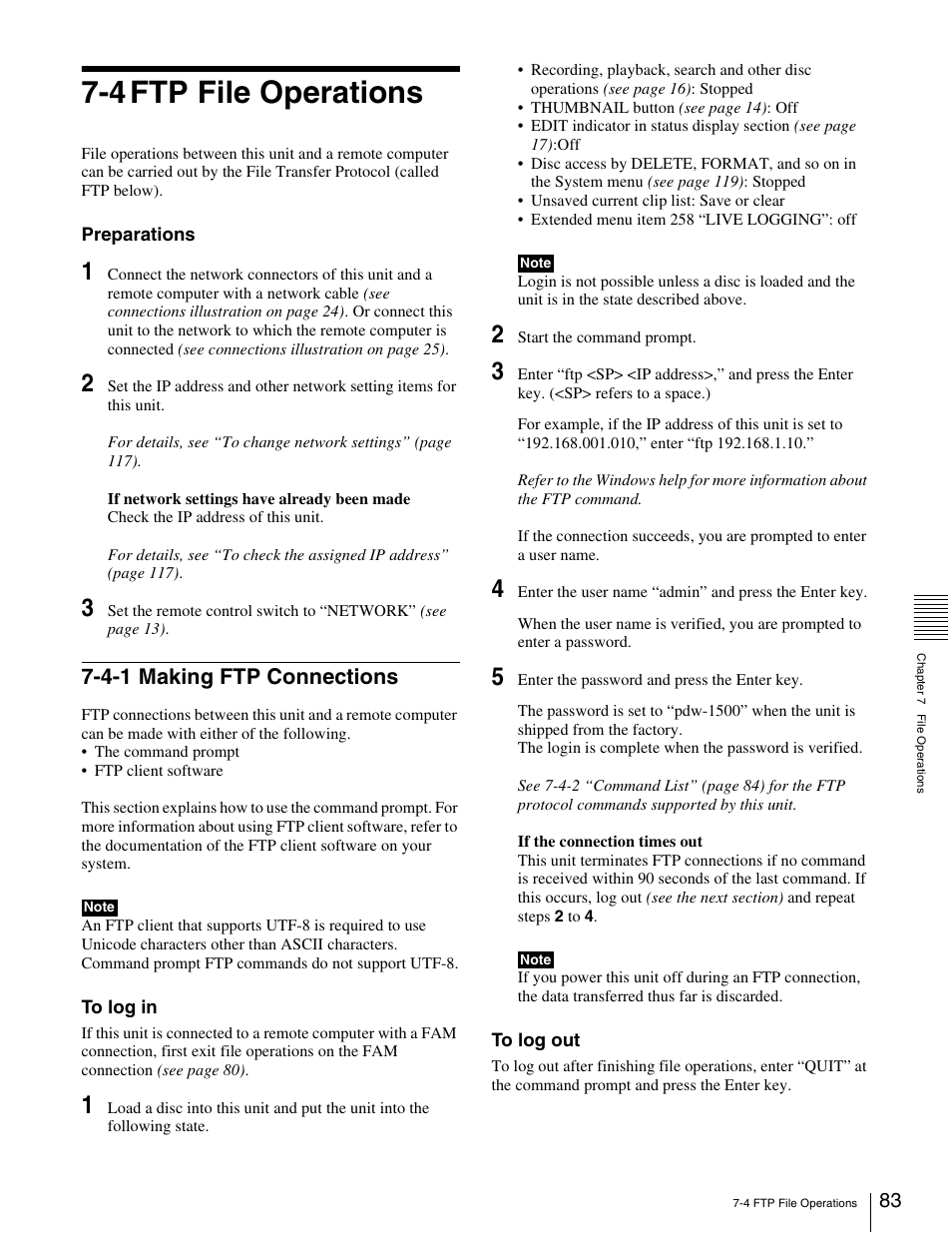 4 ftp file operations, 4-1 making ftp connections | Sony XDCAM PDW-1500 User Manual | Page 83 / 142