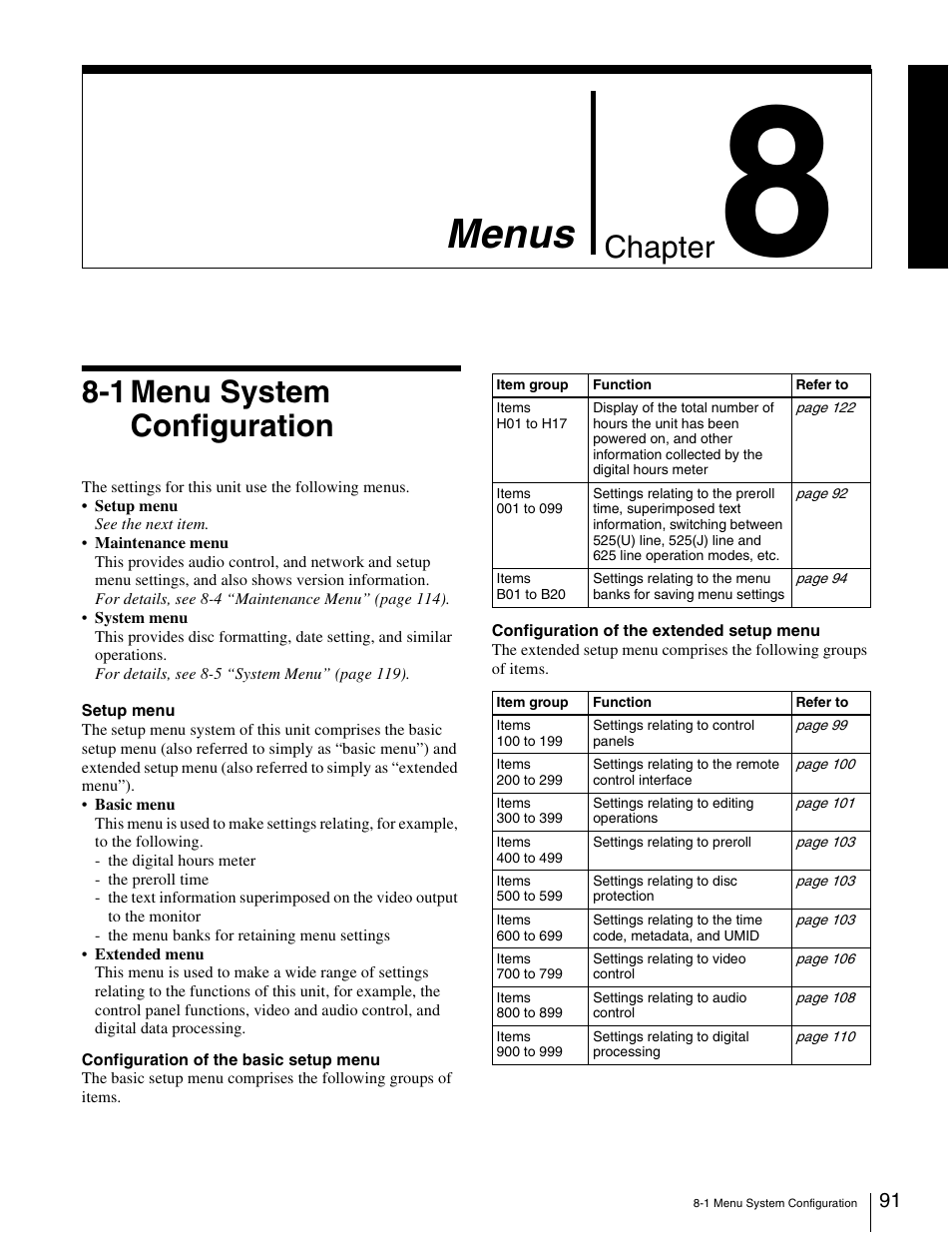 Chapter 8 menus, 1 menu system configuration, Menus | Chapter | Sony XDCAM PDW-1500 User Manual | Page 91 / 142