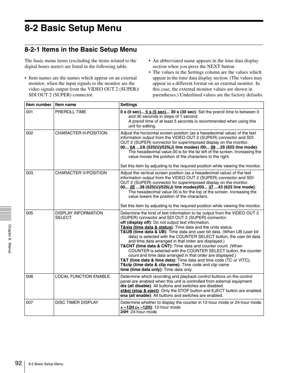 2 basic setup menu, 2-1 items in the basic setup menu | Sony XDCAM PDW-1500 User Manual | Page 92 / 142