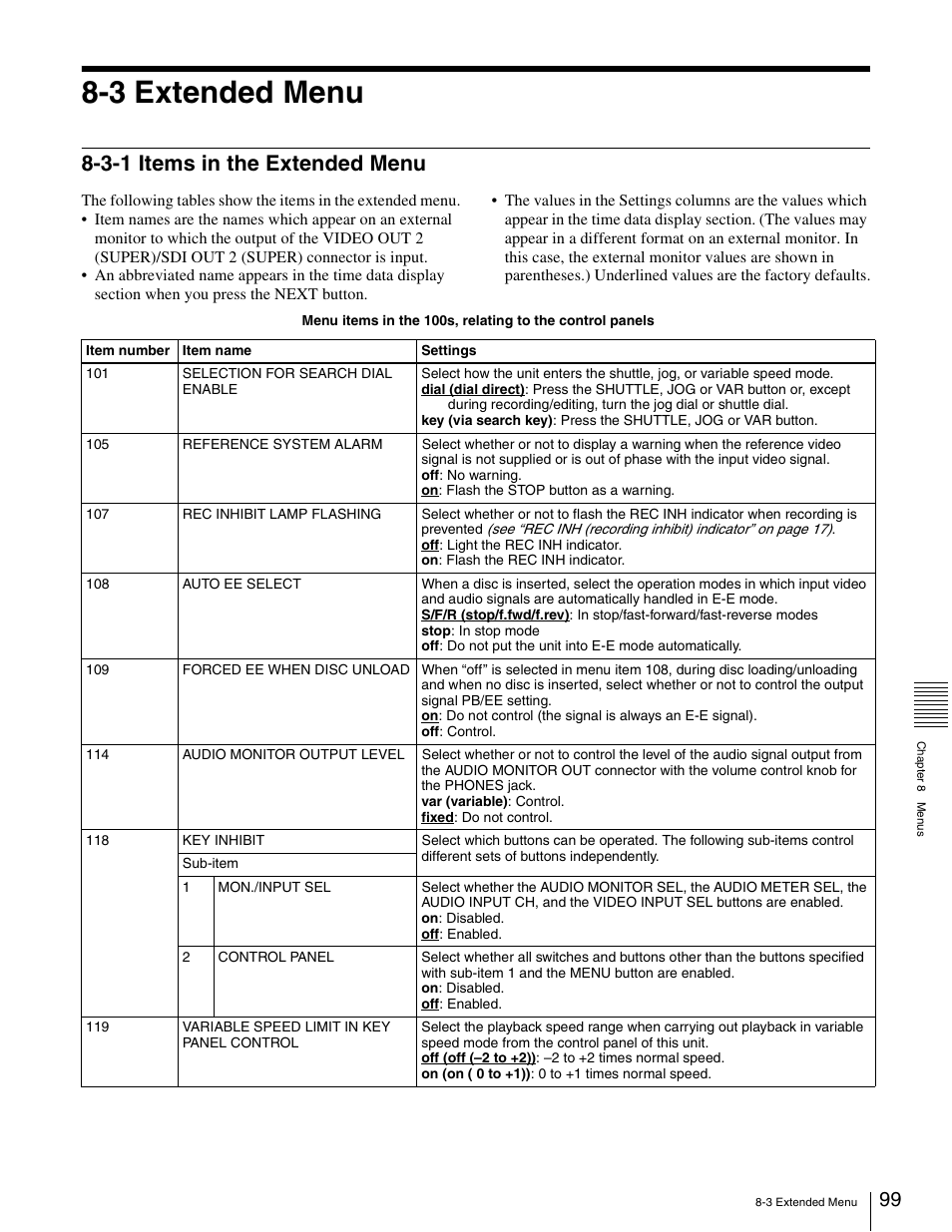 3 extended menu, 3-1 items in the extended menu | Sony XDCAM PDW-1500 User Manual | Page 99 / 142