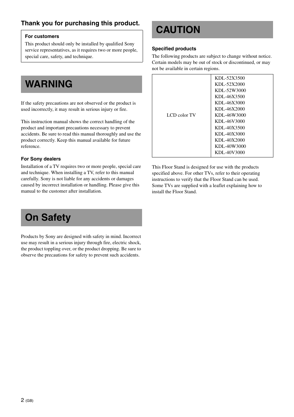 Warning, On safety, Caution | Warning on safety caution | Sony SU-FL62 User Manual | Page 14 / 100