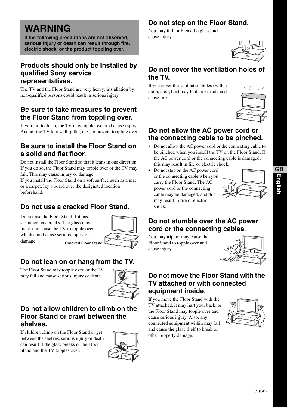 Warning, Do not step on the floor stand, Do not cover the ventilation holes of the tv | Sony SU-FL62 User Manual | Page 15 / 100