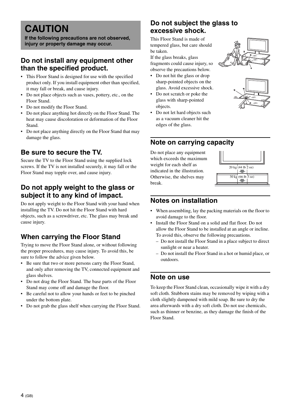 Caution, Be sure to secure the tv, When carrying the floor stand | Do not subject the glass to excessive shock | Sony SU-FL62 User Manual | Page 16 / 100