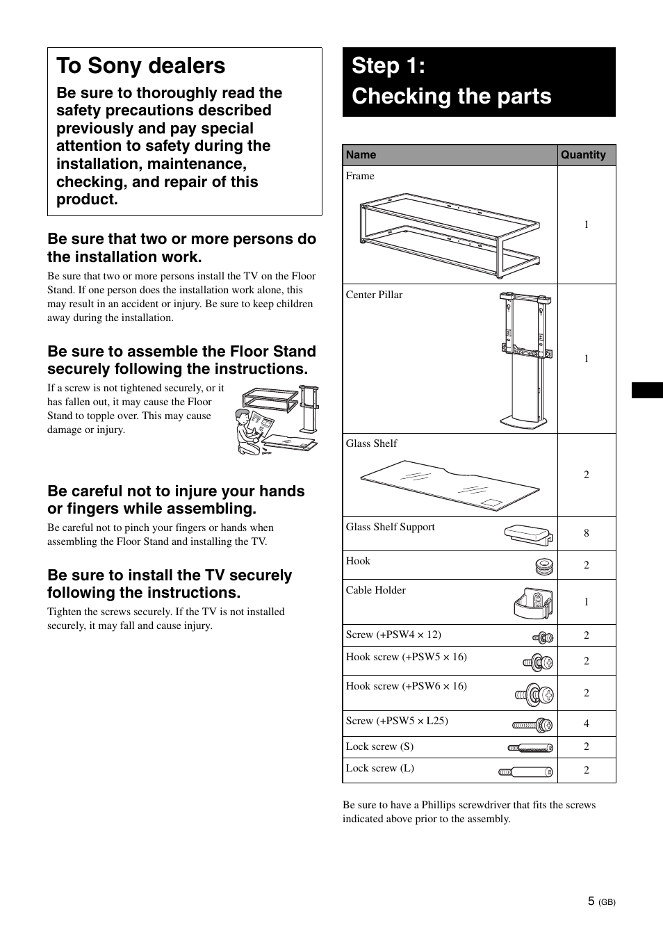 To sony dealers, Step 1:checking the parts, Step 1: checking the parts | Sony SU-FL62 User Manual | Page 17 / 100