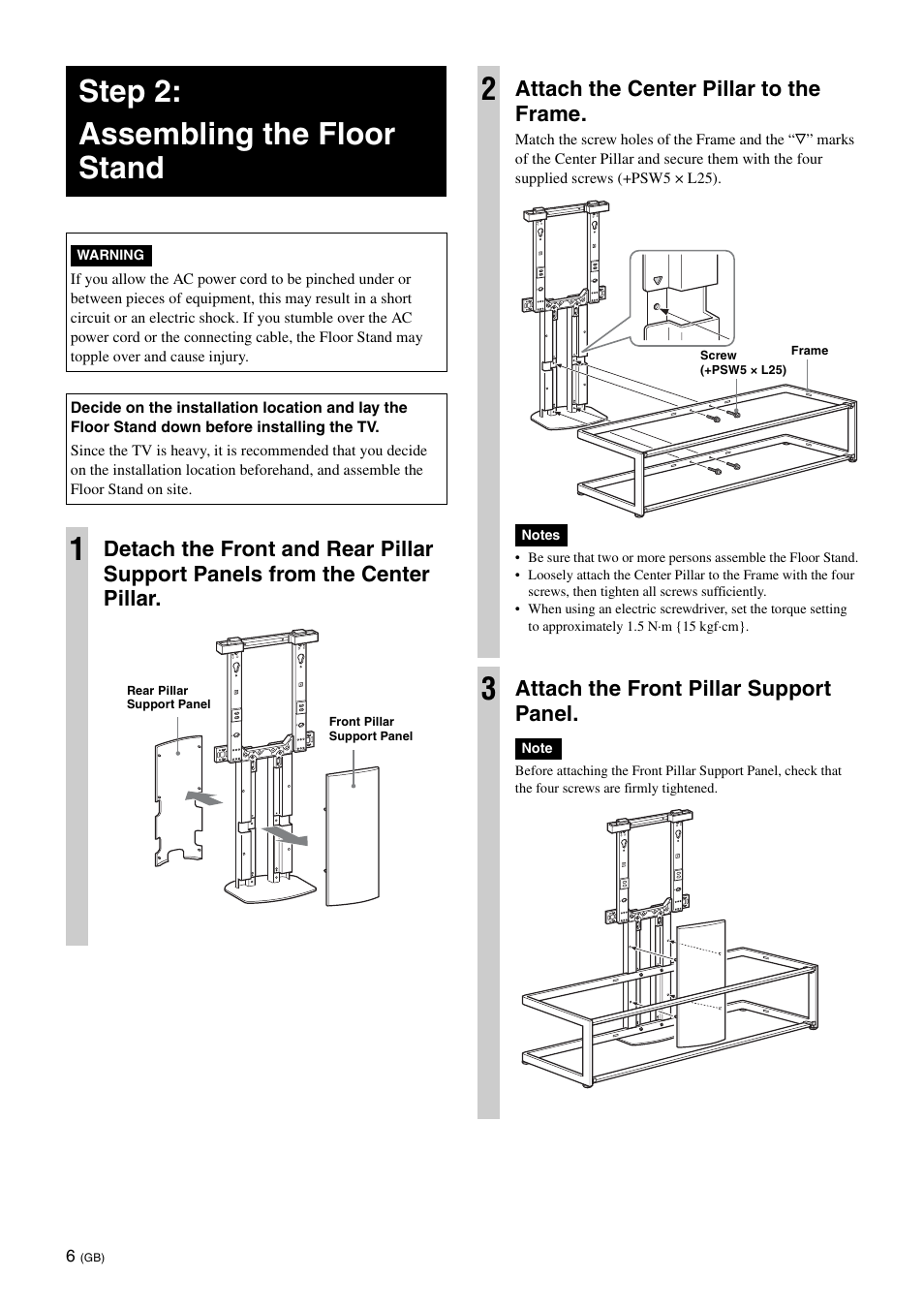 Step 2:assembling the floor stand, Step 2: assembling the floor stand, Attach the center pillar to the frame | Attach the front pillar support panel | Sony SU-FL62 User Manual | Page 18 / 100