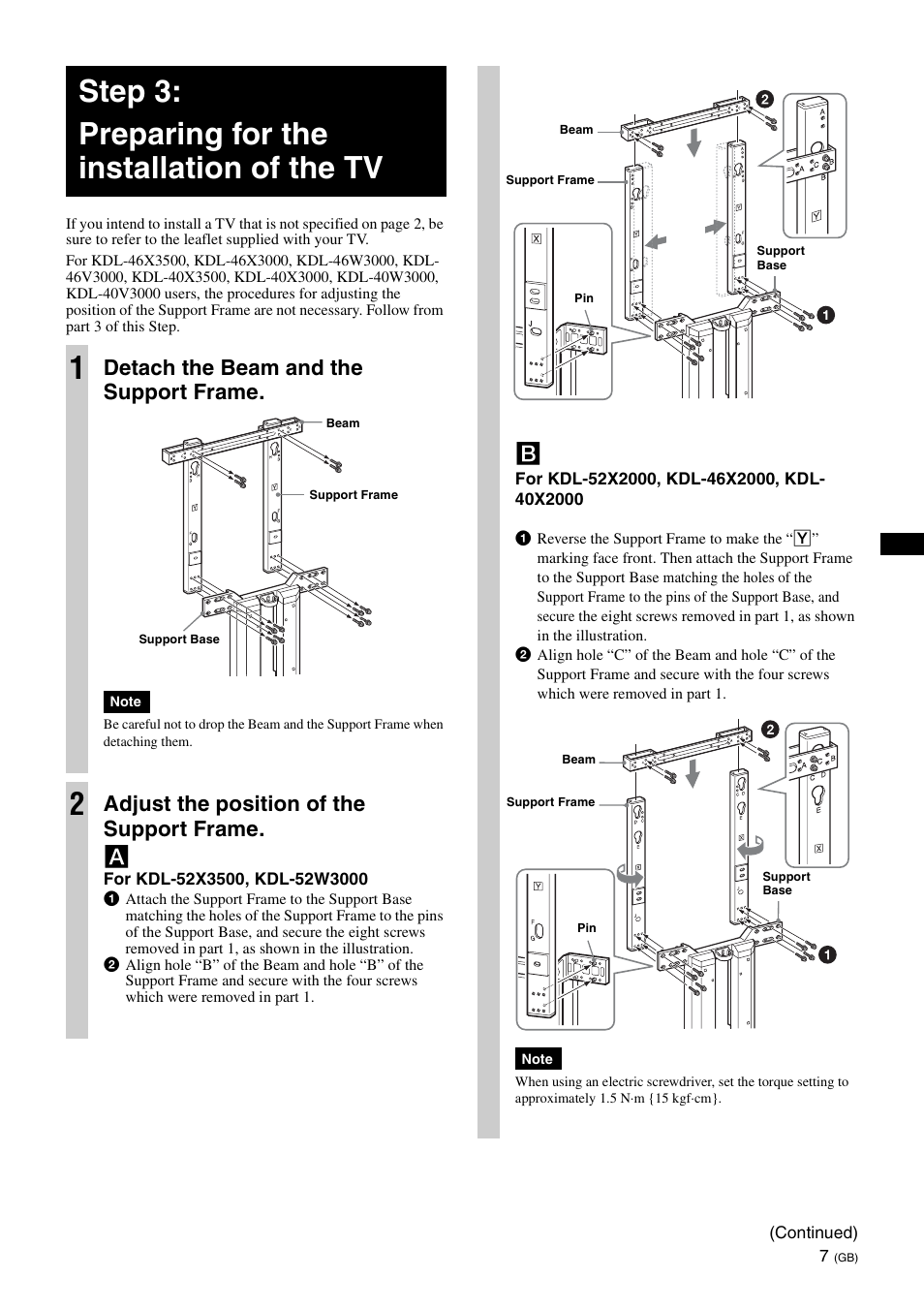 Step 3:preparing for the installation of the tv, Step 3: preparing for the installation of the tv 1, Detach the beam and the support frame | Adjust the position of the support frame. a | Sony SU-FL62 User Manual | Page 19 / 100