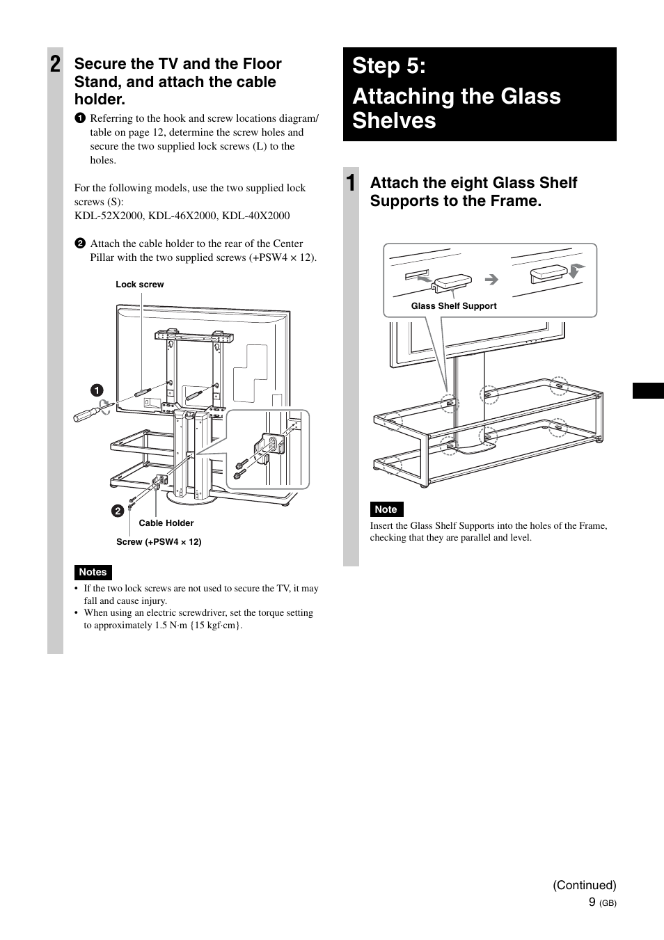 Step 5:attaching the glass shelves, Step 5: attaching the glass shelves 1, Attach the eight glass shelf supports to the frame | Sony SU-FL62 User Manual | Page 21 / 100