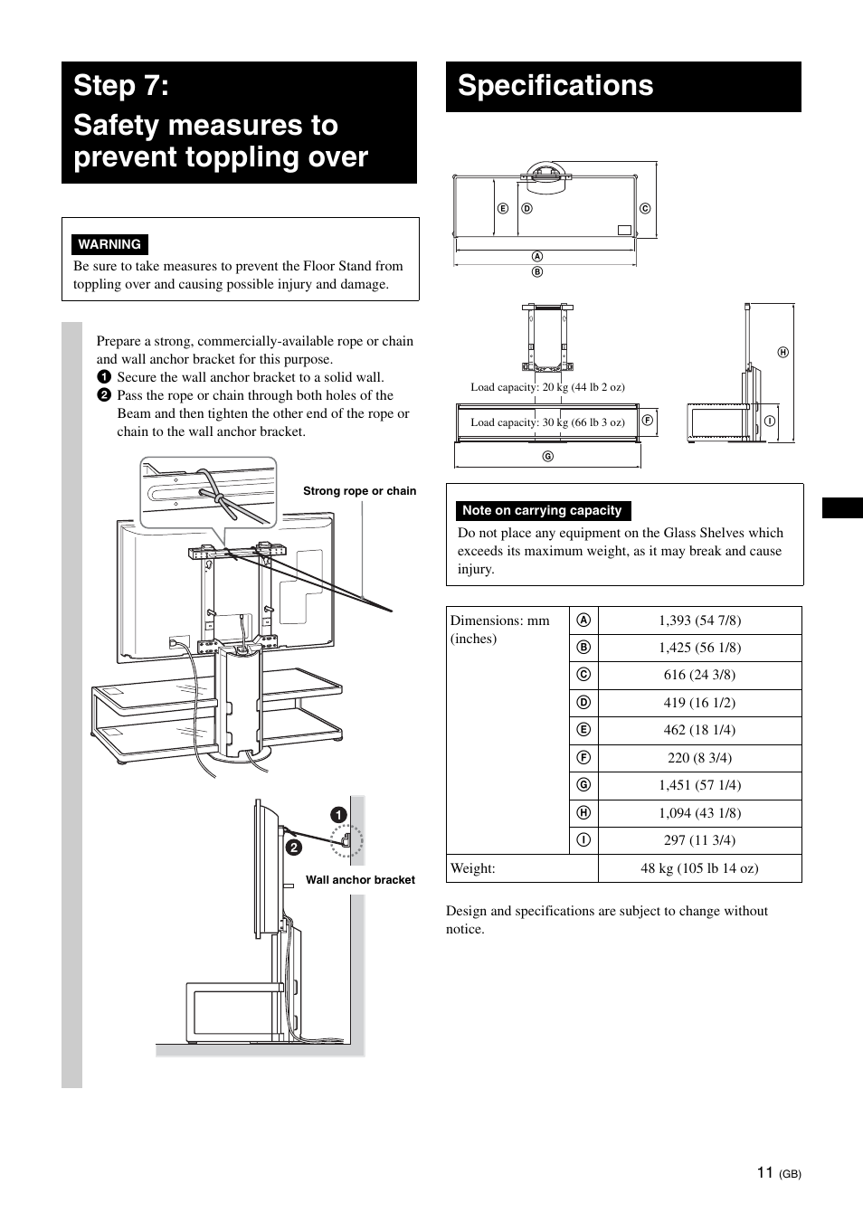 Step 7:safety measures to prevent toppling over, Specifications, Step 7: safety measures to prevent toppling over | Sony SU-FL62 User Manual | Page 23 / 100