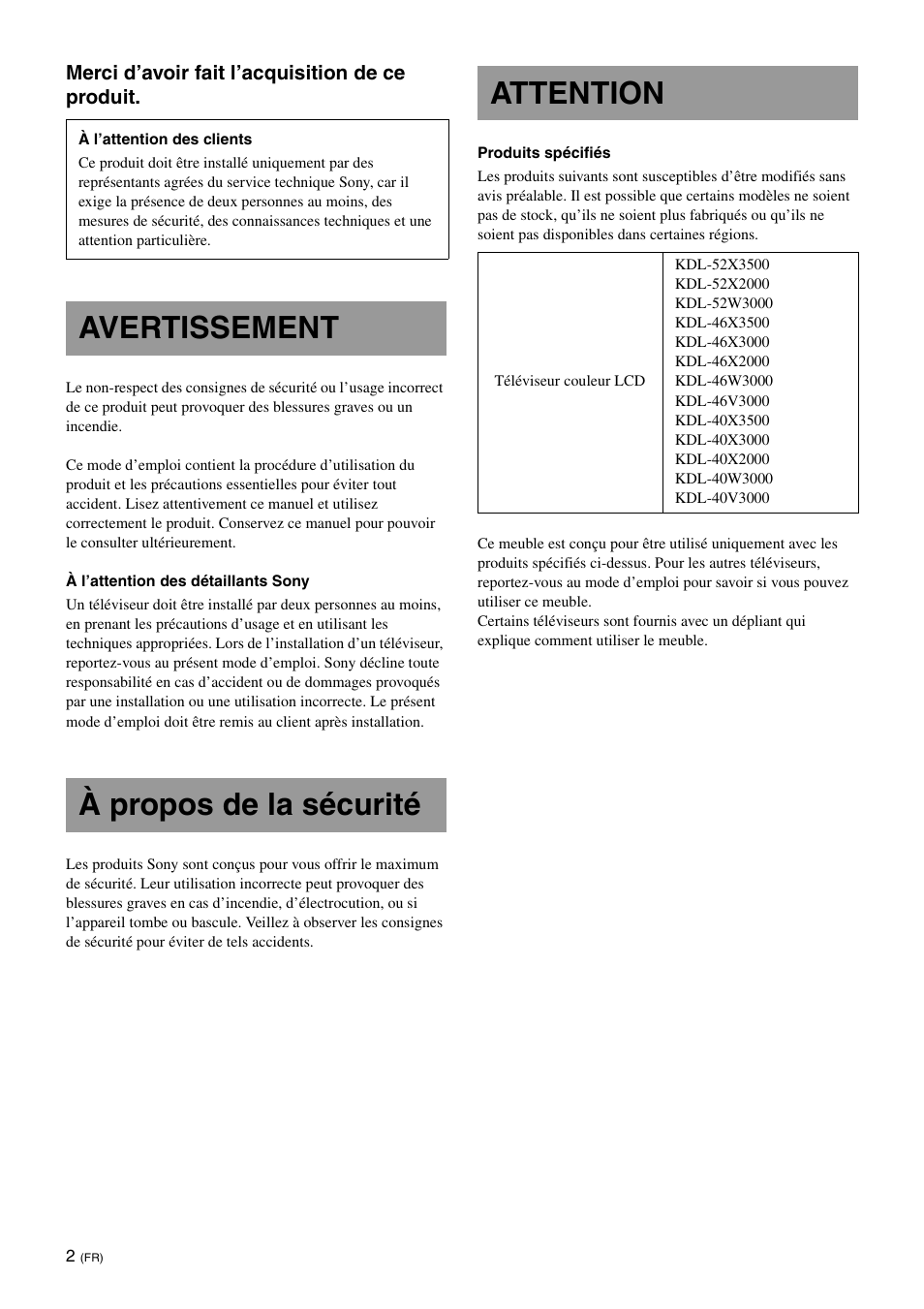 Avertissement, À propos de la sécurité, Attention | Avertissement à propos de la sécurité attention | Sony SU-FL62 User Manual | Page 26 / 100