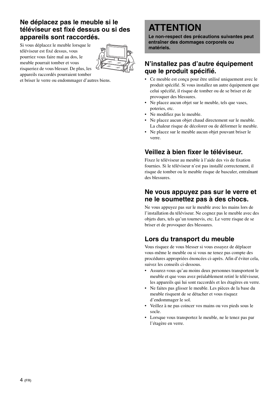 Attention, Veillez à bien fixer le téléviseur, Lors du transport du meuble | Sony SU-FL62 User Manual | Page 28 / 100