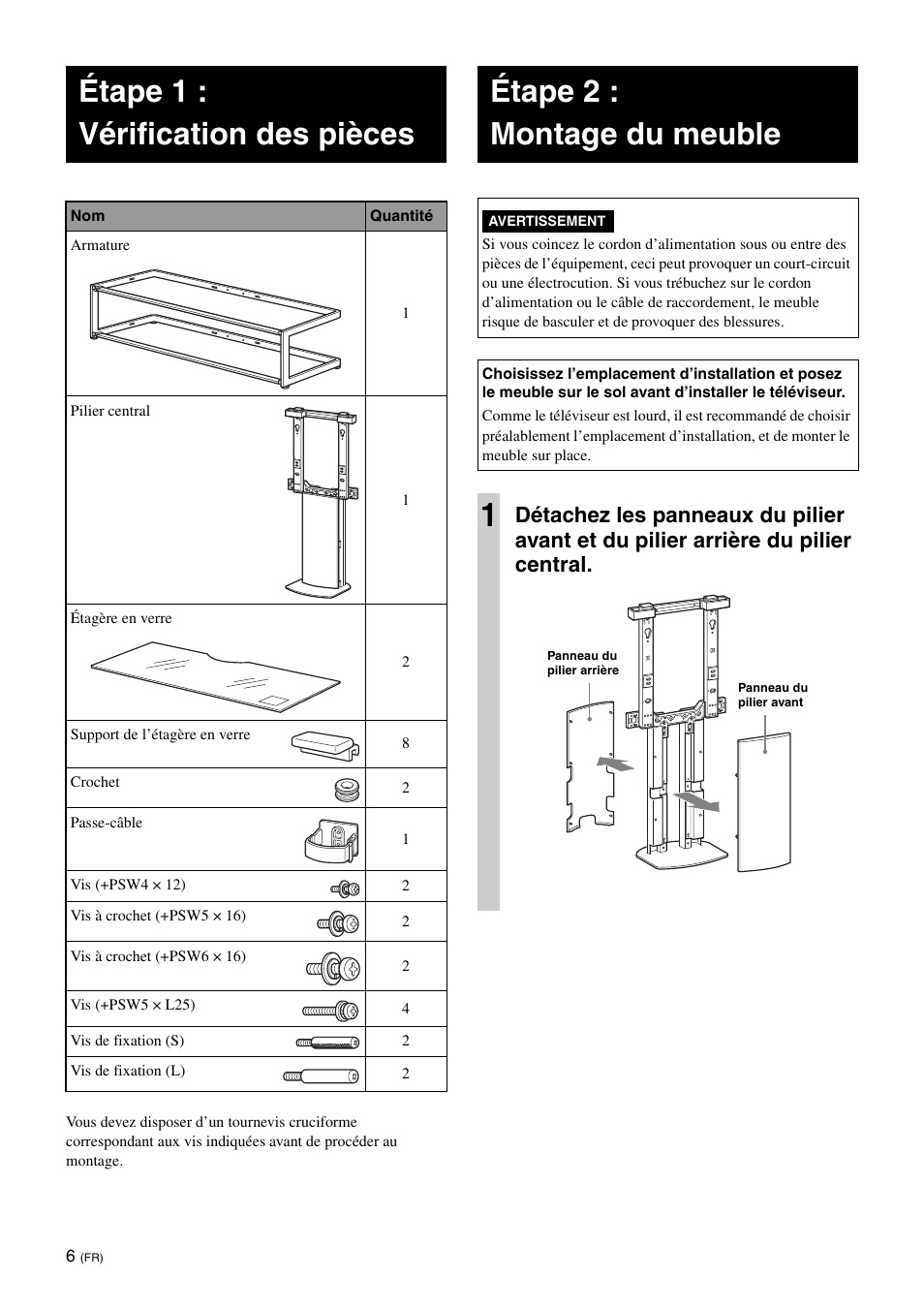 Étape 1 : vérification des pièces, Étape 2 : montage du meuble | Sony SU-FL62 User Manual | Page 30 / 100