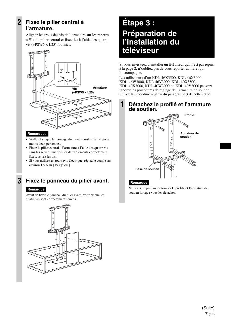 Fixez le pilier central à l’armature, Fixez le panneau du pilier avant, Détachez le profilé et l’armature de soutien | Sony SU-FL62 User Manual | Page 31 / 100