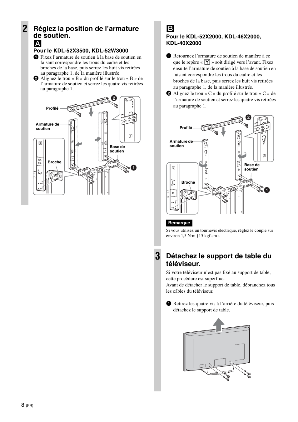 Réglez la position de l’armature de soutien. a, Détachez le support de table du téléviseur | Sony SU-FL62 User Manual | Page 32 / 100