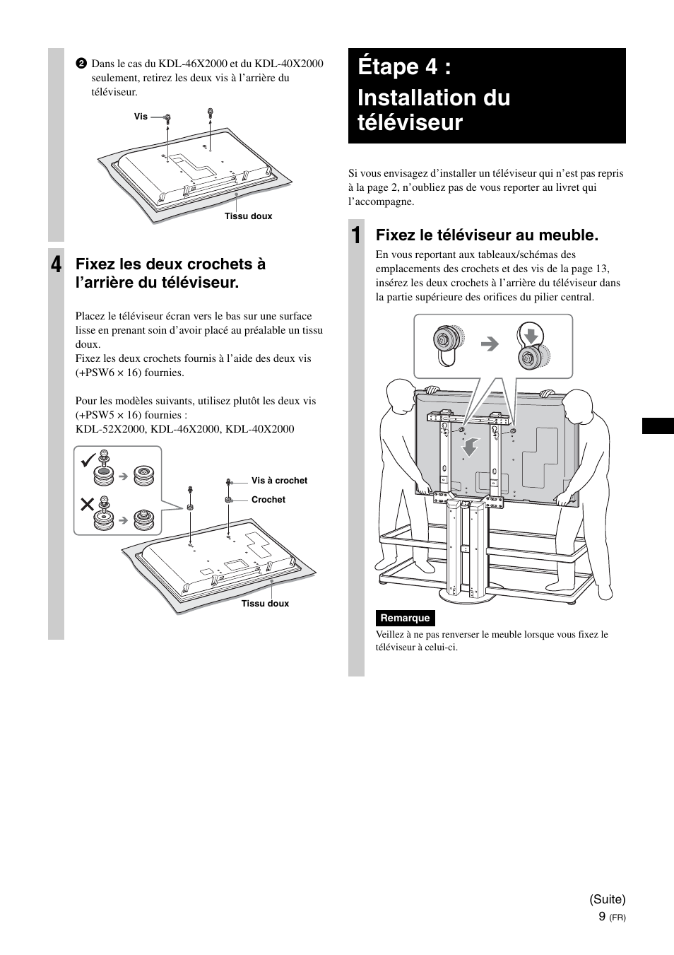 Étape 4 : installation du téléviseur, Étape 4 : installation du téléviseur 1, Fixez les deux crochets à l’arrière du téléviseur | Fixez le téléviseur au meuble | Sony SU-FL62 User Manual | Page 33 / 100