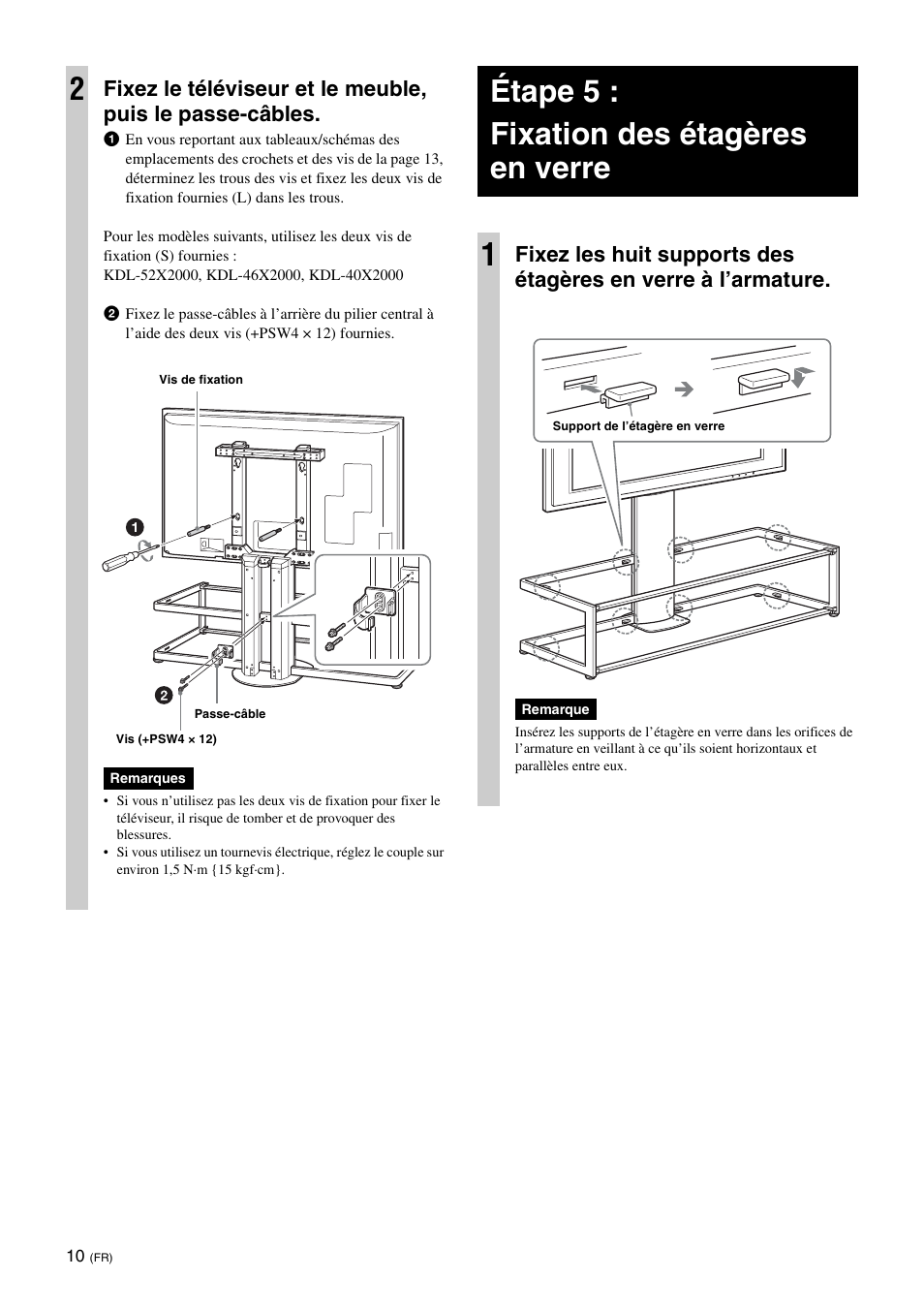 Étape 5 : fixation des étagères en verre, Étape 5 : fixation des étagères en verre 1 | Sony SU-FL62 User Manual | Page 34 / 100