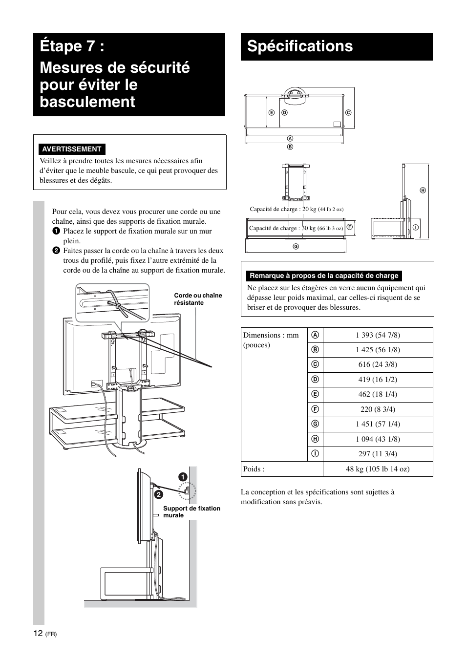 Spécifications | Sony SU-FL62 User Manual | Page 36 / 100