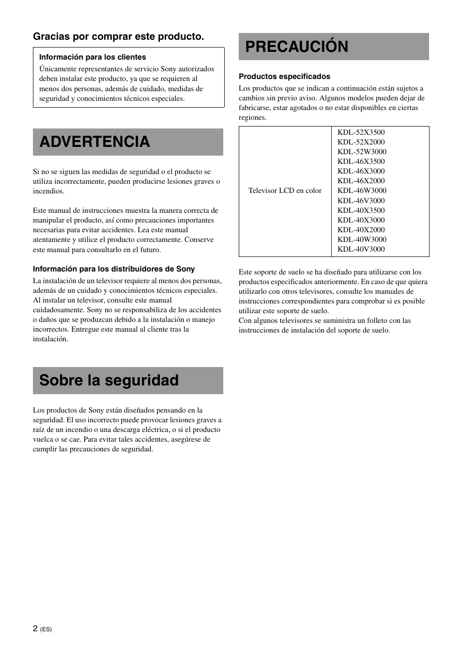 Advertencia, Sobre la seguridad, Precaución | Advertencia sobre la seguridad precaución | Sony SU-FL62 User Manual | Page 38 / 100