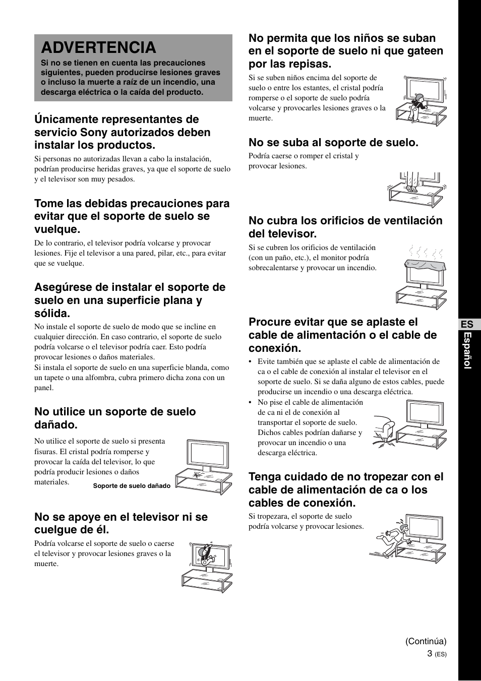 Advertencia, No se suba al soporte de suelo | Sony SU-FL62 User Manual | Page 39 / 100