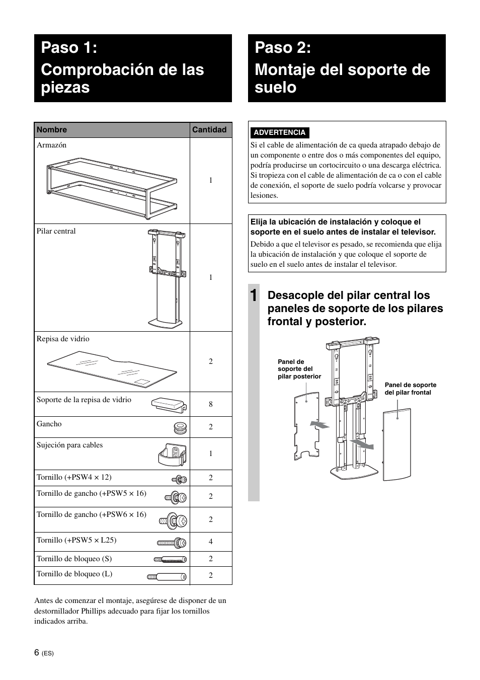 Paso 1:comprobación de las piezas, Paso 2:montaje del soporte de suelo, Paso 1: comprobación de las piezas | Paso 2: montaje del soporte de suelo | Sony SU-FL62 User Manual | Page 42 / 100