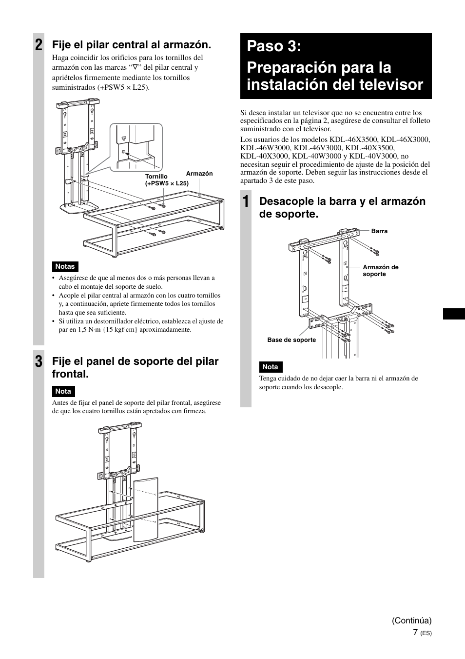 Fije el pilar central al armazón, Fije el panel de soporte del pilar frontal, Desacople la barra y el armazón de soporte | Sony SU-FL62 User Manual | Page 43 / 100