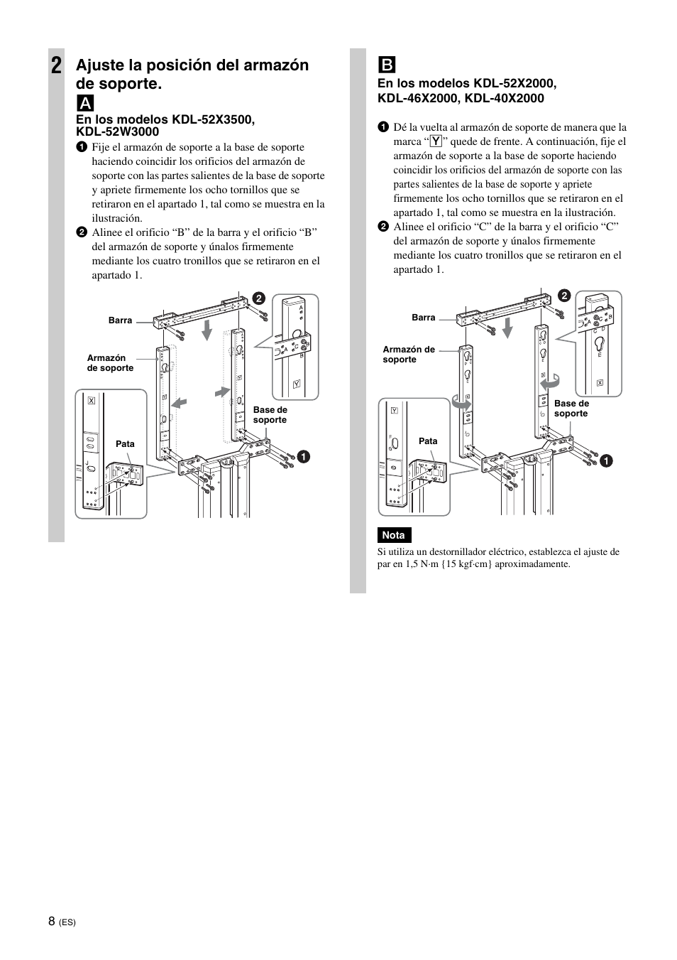 Ajuste la posición del armazón de soporte. a | Sony SU-FL62 User Manual | Page 44 / 100